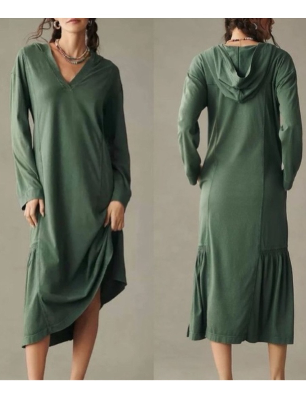 Daily Practice Anthropologie Long Sleeve Hooded Midi Dress Cotton Green